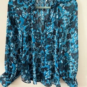 Anthropologie sheer blue and black floral long sleeved blouse V neck